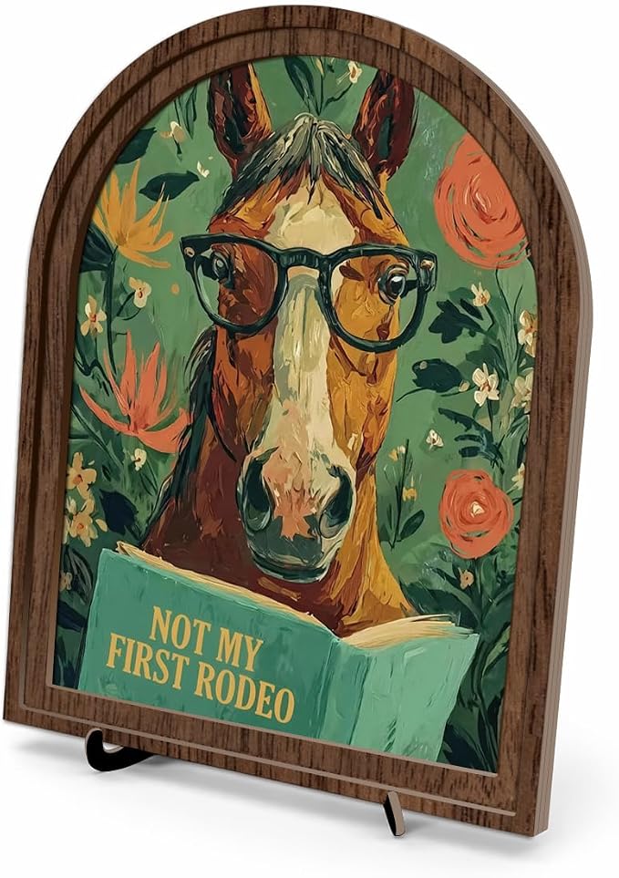 Wooden Sign with Stand Decoration, Funny Horse Decor for Bookshelf Desk Shelf, Rustic Farmhouse Home Office Decor, Literary Equine Decor for Bibliophile Rodeo Lovers
