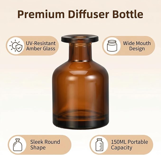 5oz 150ml Amber Glass Reed Diffuser Bottles, Empty Refillable Wide Mouth Aromatherapy Diffuser Containers, Thickened Bottom Replacement Diffuser Bottles for Home Decor, DIY Fragrance and Crafts