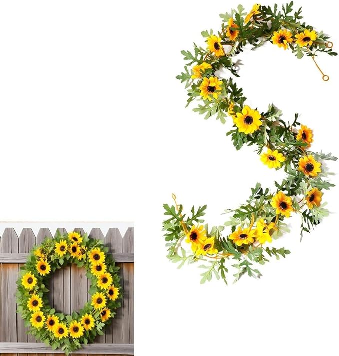 Artificial Sunflower Vine 175cm, Fake Sunflowers Garland with Yellow Silk Flowers and Green Leaves for Wedding Party Home Decor, 2 Pack
