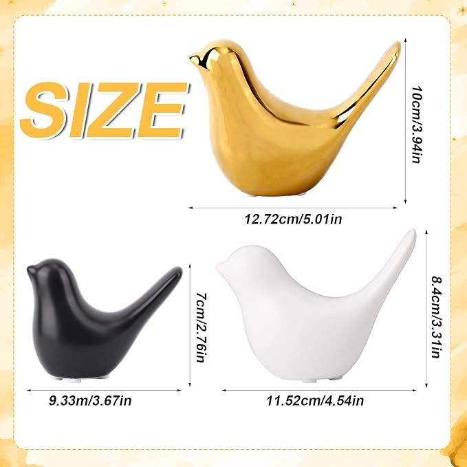 3pcs Mid-Century Modern Ceramic Bird Figurines, Gold White & Black Colored Ceramic Birds Mcm Medieval Decor Decorative Decoration for Home Office Desk Bookshelf Mantel Small Shelf Tabletop Centerpiece