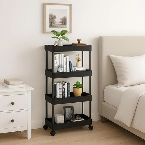 ShellKingdom 4-Tier Slim Rolling Bathroom Storage Organizer - Mobile Shelving Unit with Lockable Wheels (Black)