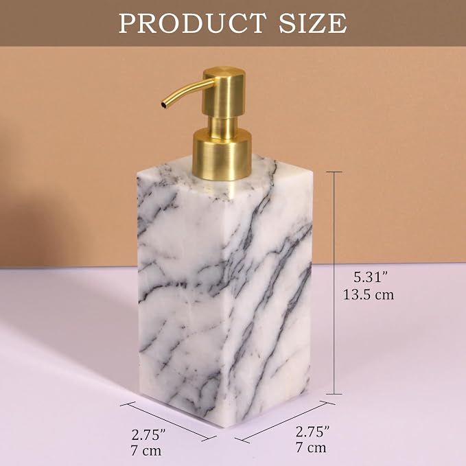 Natural Marble Soap Dispenser for Bathroom and Kitchen Countertop - 5.41 Ounces Hand Lotion and Liquid Stone Shampoo Laundry Bottle with Pump (1, Lilac, Rectangular Bottle)