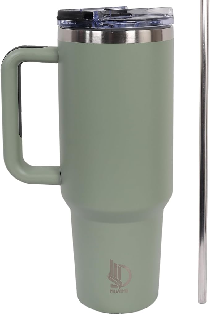 40oz Insulated Tumbler with Handle, Leakproof Straw Lid & Carry Handle - Double Wall Vacuum Insulation Keeps Ice 24 Hours, BPA Free Stainless Steel Water Bottle (Olive Green)