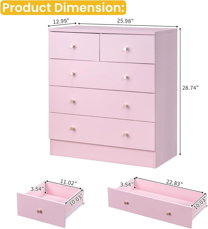 Karl home Pink 5 Drawer Dresser for Bedroom, Modern Wood Dresser Chest of Drawers, Pink Bedroom Dressers for Girls, Anti-Tipping Device, Rose Gold Metal Handle, Living Room, Entryway, Hallway, Office