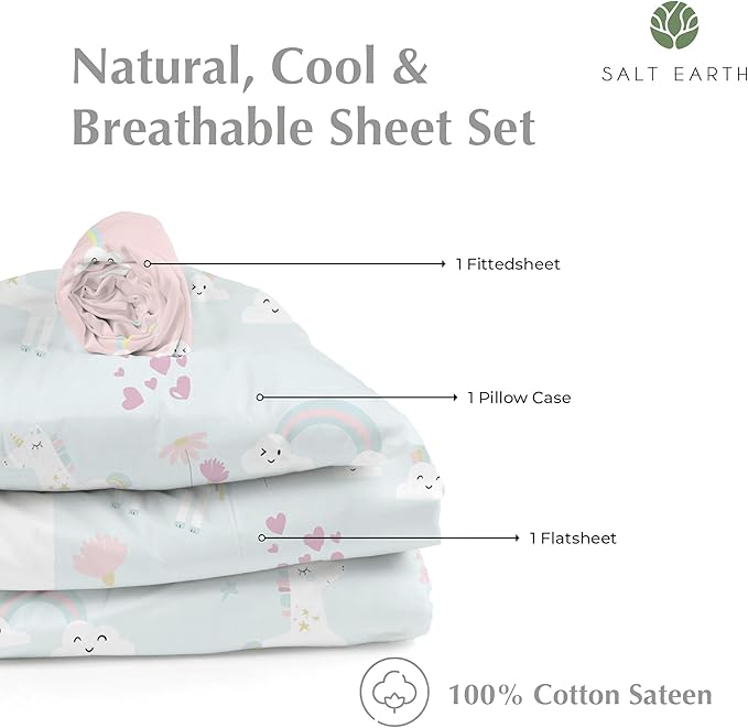 Salt Earth 100% Cotton 210TC Kids Bedsheet, Twin Sheets Set, Toddler Bed, 3 Piece Bedding Set Including Flat Sheet, Fitted Sheet & Pillowcase, Themed Cute Sheets Kids Bed (Unicorn/Rainbow Pillow)