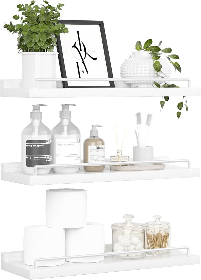 RYOFOBETTO Floating Shelves for Wall Decor, White Shelves for Bathroom, Living Room, Bedroom, Picture Frames, Plants, Kitchen (Set of 3)