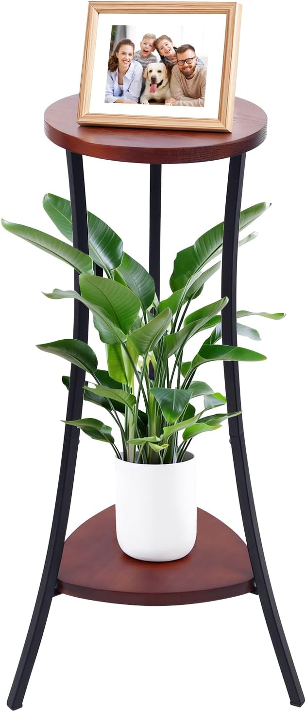 2-Tier Tall Plant Stand Indoor Outdoor, Round Wooden Corner Plant Shelf with Walnut Panel & Black Metal Frame, Modern Flower Pot Holder Rack for Living Room, Balcony, Patio Decor