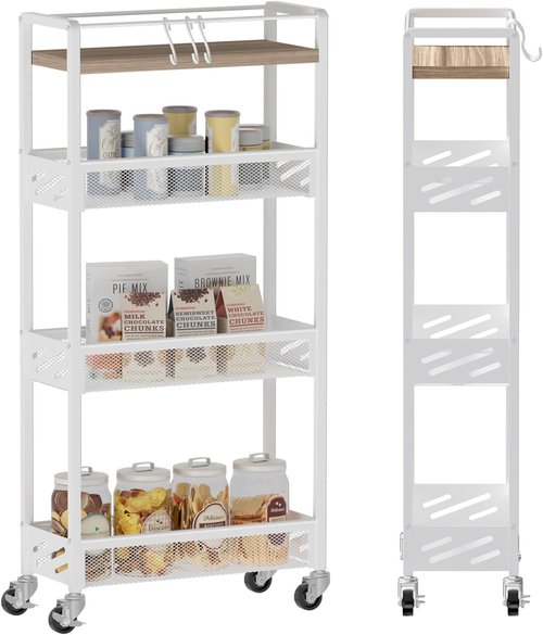 DGSNADGO Slim Rolling Storage Cart - 4-Tier Utility Cart with Handle & Wooden Top | Beige & White