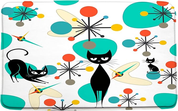 Mid Century Black Cat Bath Mat,Teal Orange Modern Atomic Geometric Bathroom Rug Shower Floor,Retro 50s 60s Vintage Bath Rug,Absorbent Doormat Bedroom Rug Kitchen Toilet
