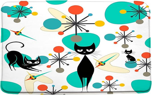 Mid Century Black Cat Bath Mat, Teal Orange Modern Atomic Geometric Bathroom Rug Shower Floor, Retro 50s 60s Vintage Bath Rug, Absorbent Doormat Bedroom Rug Kitchen Toilet, 17.7x29.5 Inches