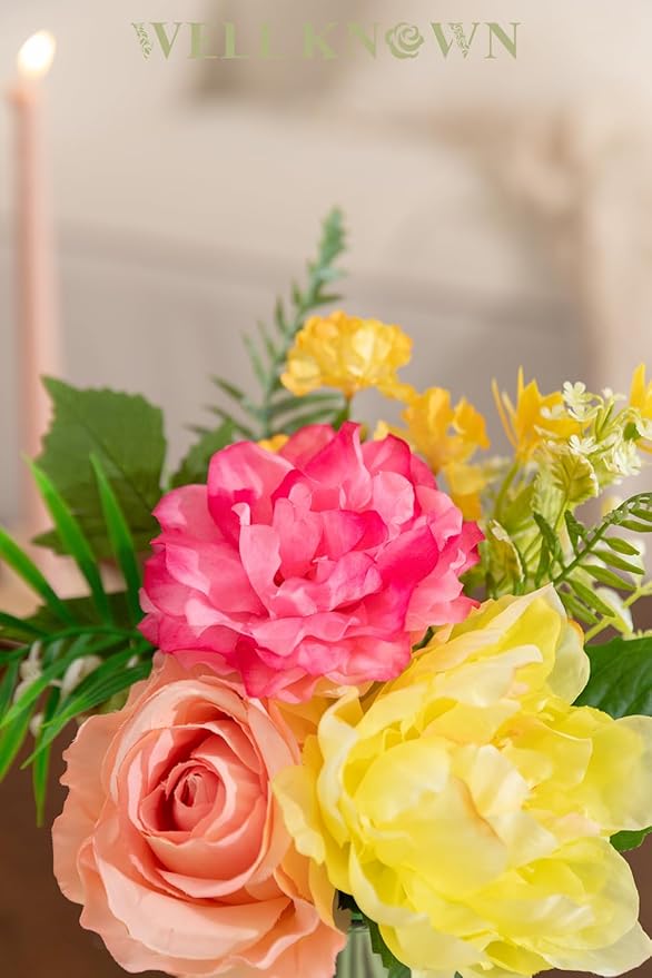 WELL KNOWN Artificial Flowers in Glass Vase, Silk Rose Peony Flower Bouquet for Home Dinning Tea Table, Office Desktop, Hotel, Wedding, Party, Lavatory Decor & Gift (Hot Pink, Coral & Yellow)