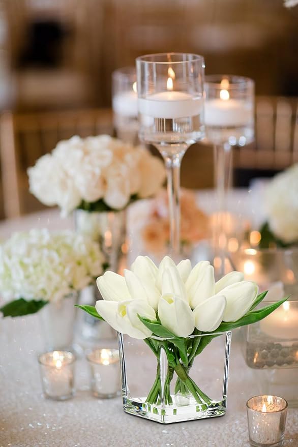 DILATATA Artificial White Tulips in Vase with Faux Water 5.5" Real Touch Flowers Fake Tulips Small Flowers Arrangement in Cube Glass Vase for Mother's Day Table Centerpiece Wedding Home Decor
