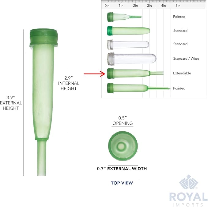 Royal Imports Floral Water Tubes with Caps – 4" Green Plastic Flower Vials for Single Stem Roses, Buds, Bouquets – Extendable Style, 1/2" Opening – 100 Pack