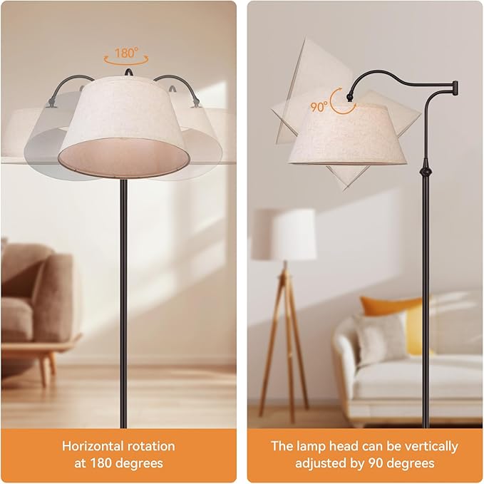 Swing Arm Floor Lamp, Arc Floor Lamps with 180° Adjustable Cantilever for Living Room, Mid Century Standing Lamp with Linen Shade, Tall Lamps for Bedroom Living Room Office Reading Room (Brown)