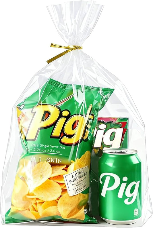 PigPotParty 10"x 14", 100Pcs Bottom Gusset Bags, Clear Plastic Gift Bags, Cellophane Mug Treat Goodie Bags with 100x Twist Ties, Large Party Favor Packaging, Toy Wrapping (No Side Gusset)