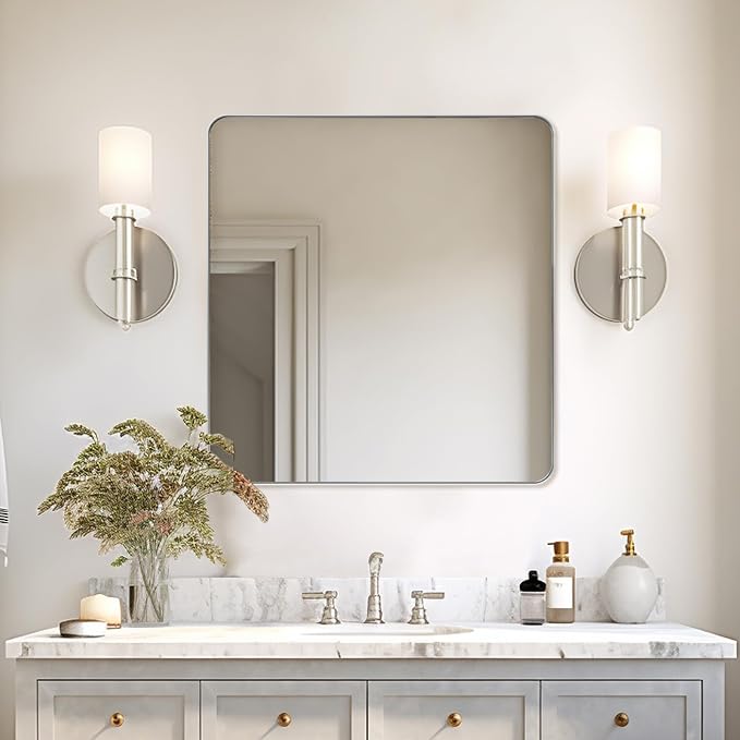 ANDY STAR Square Brushed Nickel Mirror for Bathroom, 24”x24” Silver Metal Frame Wall Mirror, Rounded Corner Stainless Steel Hangs Horizontal Or Vertical