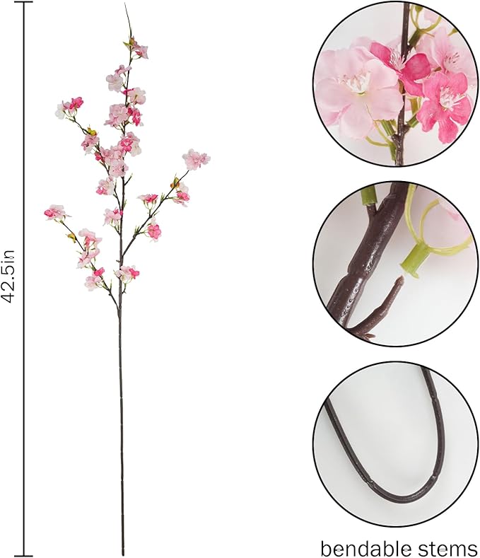 8 Pcs Artificial Cherry Blossom Flowers 40" Faux Silk Cherry Blossom Stems Fake Real Touch Peach Branches for Wedding Home Garden Japanese Decor Pink