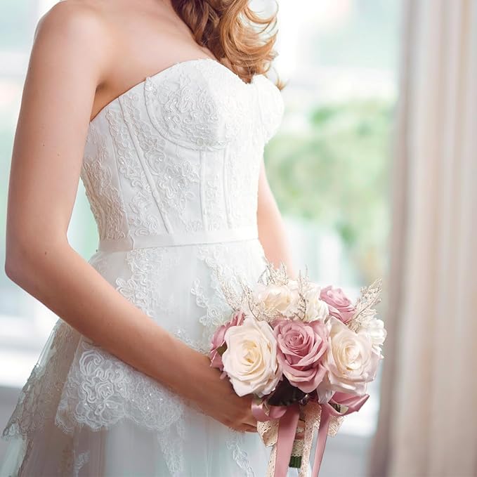Dusty Pink Wedding Bouquets for Bride Bridesmaid,White Blush Pink Artificial Fake Silk Roses Flowers Bridal Bouquet for Wedding French Vintage Boho Rustic Church Decoration Toss Bouquet (8.6in(M))