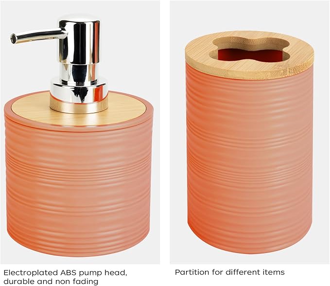 2 PCS Orange Bathroom Accessories Set, Soap Dispenser and Toothbrush Holder Set, Plastics & Bamboo Bathroom Set, Bohemian Style Bathroom Sink Set