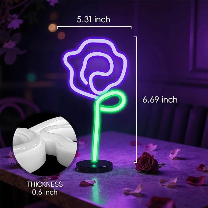 Neon Purple Rose Sign - purple rose Flower with Green Stem Neon Light USB or 3-AA Battery Powered for Girls Room Birthday Party Wedding Lighted Flower Wall Decor (Purple)