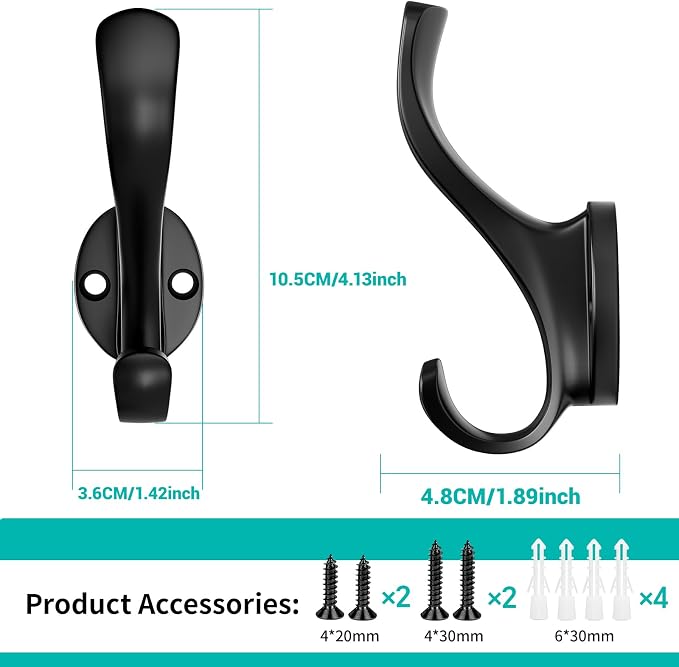 Coat Hooks Heavy Duty - Easy to Install Metal Towel Hooks Screw-in Wall Hooks for Hanging Hat, Towel, Key, Robe, Scarf, Bag, Cap (12, Black)