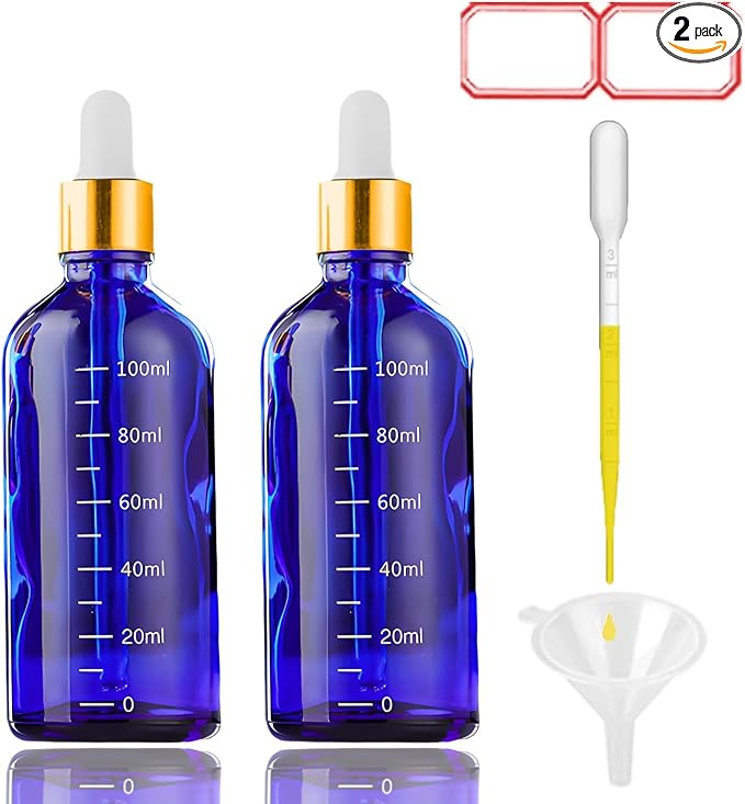 Blue Glass Dropper Bottle 3.4 oz, 2x100ml Blue Glass Eye Dropper Bottles for Essential Oils with Dropper Pipettes, Funnel, and A Plastic Measured Dropper for Diffuser, Beauty Oil Mix