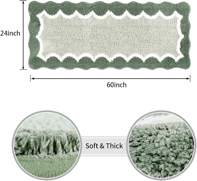 Cute Scalloped Green Bathroom Rugs Mat,Non Slip Absorbent Quick Dry Runner Rug for Shower Room Bedroom,Microfiber Long Bath Mats for Bath Floor Washable Carpet for Shower Tub Sink,24"x59"