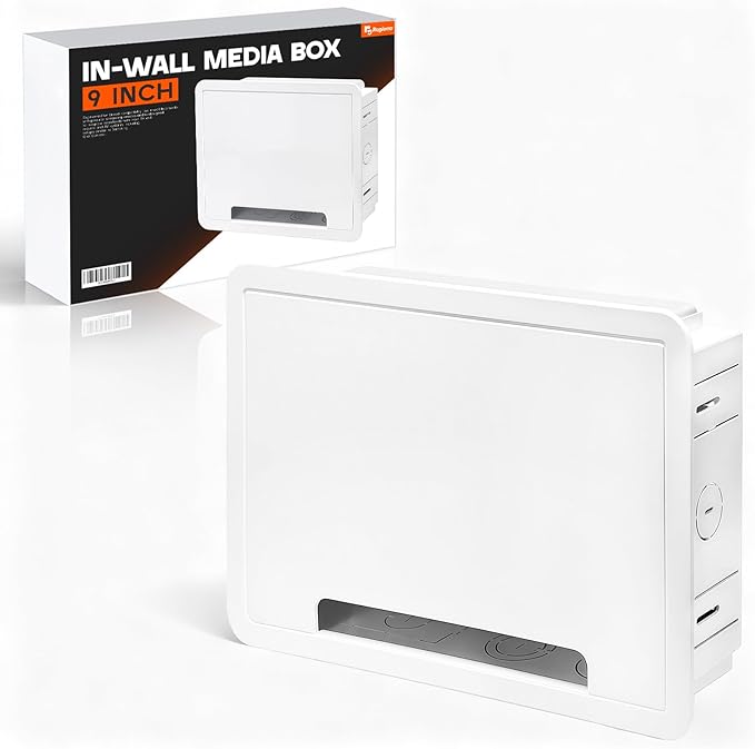9-Inch in-Wall Media Box Recessed TV Cable Management Kit, Enclosure for Home Theater, Compatible with Roku Apple TV & Samsung One Connect, WiFi Friendly (White)