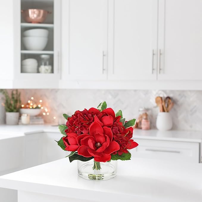 Briful Artificial Magnolia and Hydrangea Flower Arrangement in Glass Vase 9.4" Realistic Red Silk Fake Flower with Faux Water Fake Floral Centerpieces for Home Room Office Table Shelf Décor