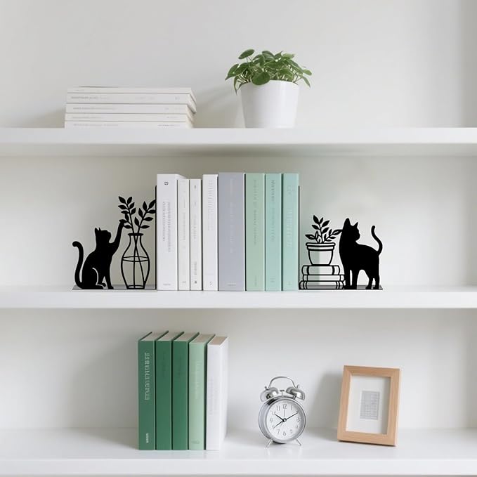 Cat Metal Bookends Cute Cat Book Ends for Shelves Bookshelf Home Office Desk Decorative Bookshelf Decor Gift for Cat Lovers and Reading Enthusiasts