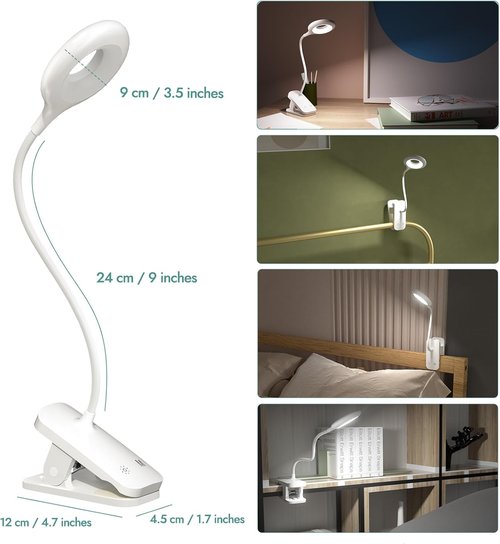 CUHIOY Clip-On Reading Light - Rechargeable LED Desk Lamp with Flexible Neck & Touch Control | 5 Colors, 5 Brightness Levels