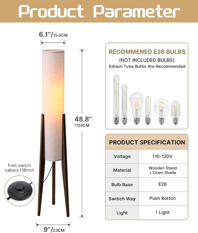 Walnut Wood Tripod Floor Lamp, 48.8 in High Vintage Column Floor Lamps with White Fabric Lampshade, Mid Century Modern Floor Lamp for Bedroom Living Room Home Office (Walnut)