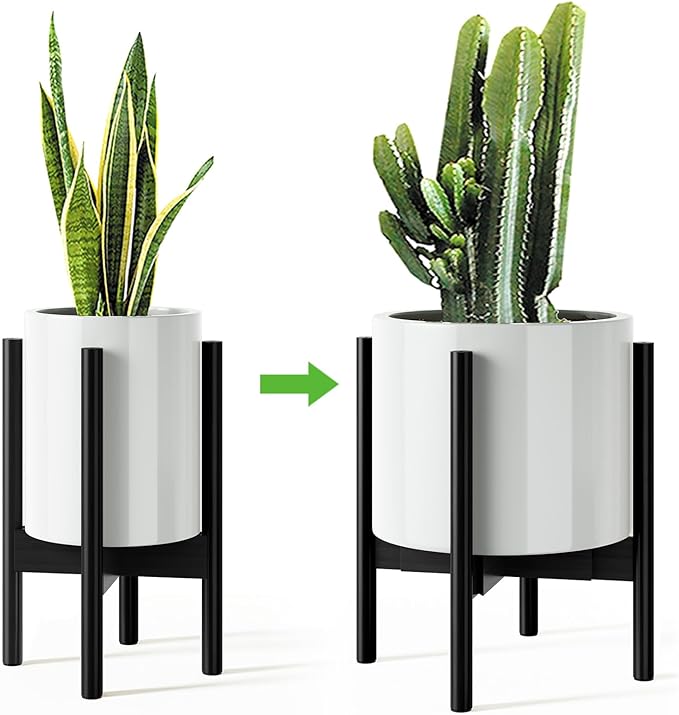 MUDEELA 14 Inch Tall Plant Stand for Indoor, Adjustable Width Bamboo Plant Stand for 8 9 10 11 12 Inches Pot, Single Tier Planter Holder Floor Stand, Mid Century Modern Style, Black, Without Pot
