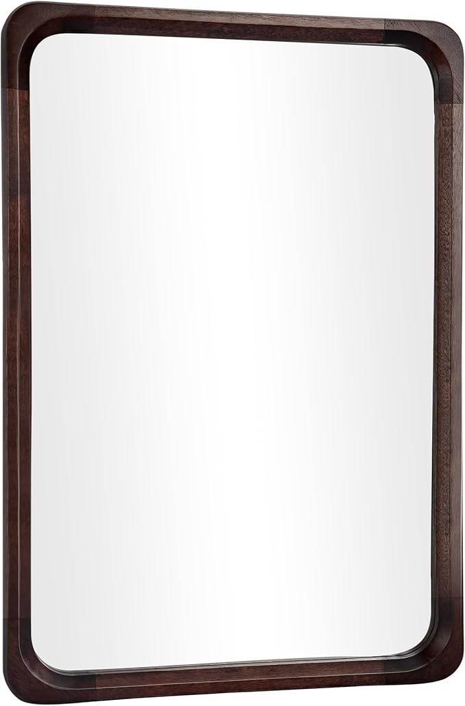 Tanmicoshomy Wood Bathroom Mirror 24 x 36 Inch, Solid Wood Framed Rectangle Mirrors with Tempered Glass for Living Room Bedroom Office or Entryway(Dark Brown)