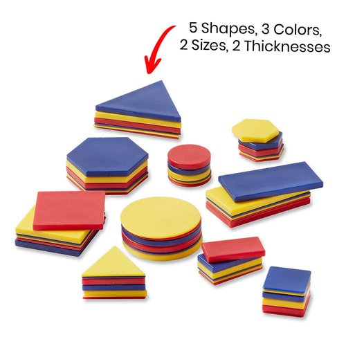 Hand2Mind Plastic Attribute Blocks - Geometry Set for Preschool Learning | 60 Manipulative Shapes for Montessori Math