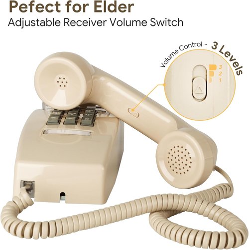 Sangyn Retro Wall Phone - Mechanical Ringer Corded Telephone for Home & Kitchen | Beige, Waterproof Design