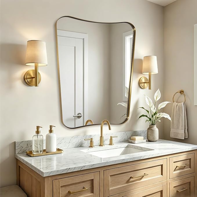 ANDY STAR Brushed Brass Mirror, 30"x36" Mirrors for Bathroom Sink, Champagne Bronze Scalloped Mirror in Rust-Proof Stainless Steel Frame, Buterfly Shaped Design Ideal for Bathroom Remodel