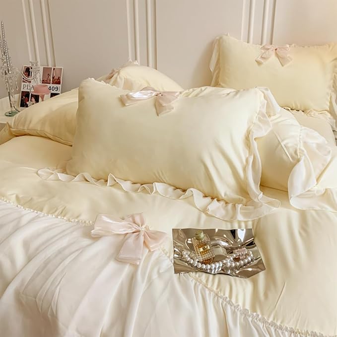 Lace Ruffled Bedding Bow Duvet Cover Set with Butterfly Tie, Soft Brushed Microfiber Shabby Chic Bedding Set with Zipper Closure-Yellow,Queen Size