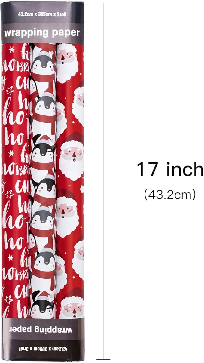 LeZakaa Christmas Wrapping Paper Roll - Mini Roll - 3 Rolls - 17 Inch X 120 Inch Per Roll - Red & White Penguins, Ho, Santa Claus, Christmas Elements Holiday Collection