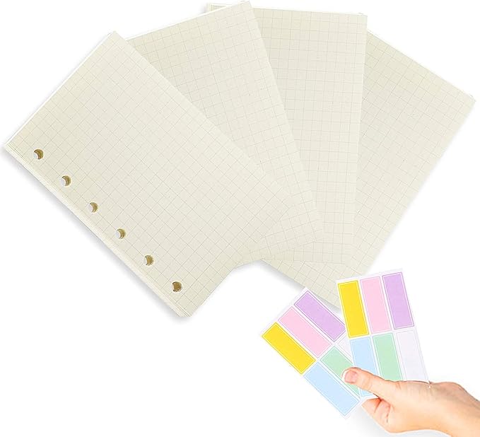 A7 Planner Refill,4 Pcs per Set, 360pages, Grid Mattrix Paper, with Label Stickers Gift,Mini Binder Refills,6 hole/100gsm Thick Paper/4.84 x 3.23'', Harphia
