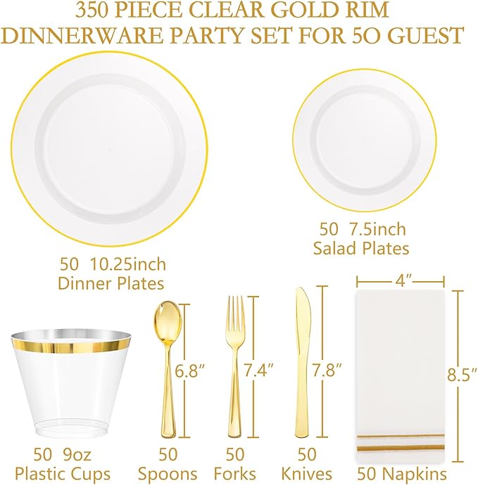 SUT 350Pcs Plastic Dinnerware Set for 50 Guests, Clear and Gold Plastic Plates, Disposable Plates and Napkins Party Supplies, Gold Silverware, Plates, Cups and Napkins Sets for Party Weddings