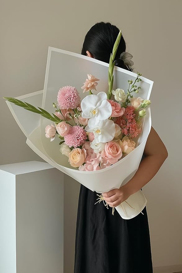 BBJ WRAPS White Wrapping Paper for Flowers, Frosted Flower Bouquet Wrapping Paper, Korean Paper for Bouquets, Valentine's Day Mother's Day Florist Supplies 20 Sheets (White)