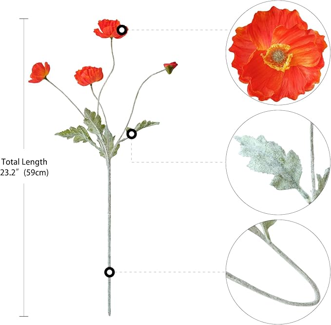 6PCS Dark Orange Poppy Flowers Artificial Silk Faux Poppies Bouquet with Long Stems for Outdoor Indoor Home Kitchen Halloween Fall Decor