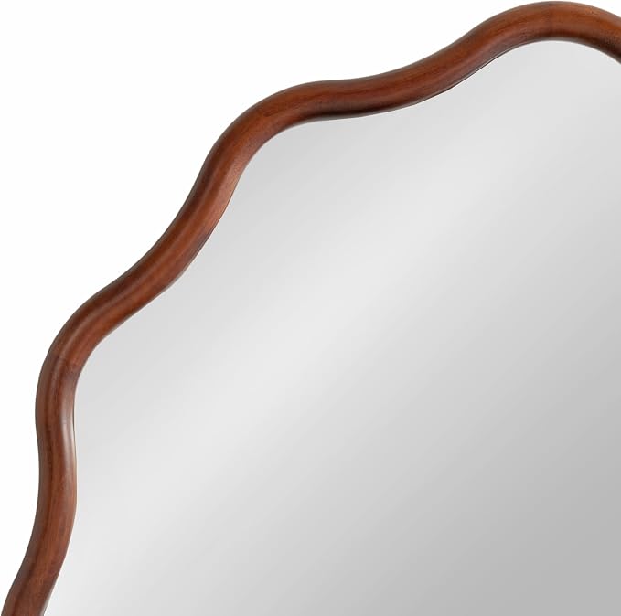 Kate and Laurel Talma Mid-Century Round Scalloped Wall Mirror; 30 Inch Diameter; Walnut Brown; Modern Circle Mirror with Solid Poplar Wood Frame and Rounded Frame Profile