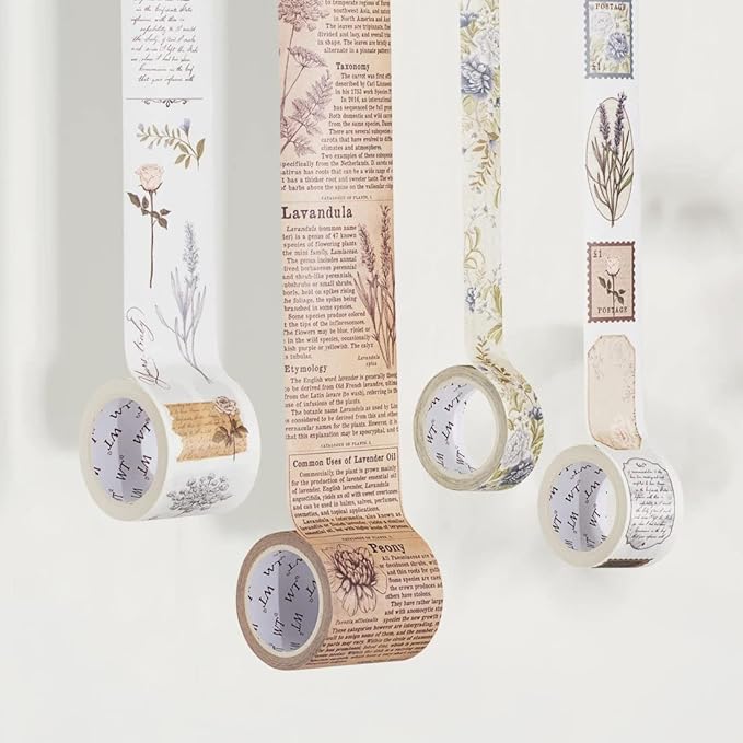 WT Petals & Parchment Washi Sticker Tape Set, 4 Rolls, Original Vintage Floral Designs, Decorative Masking Tape for DIY Crafts, Journaling, Scrapbooking, Planners, and Adhesive Paper Stickers