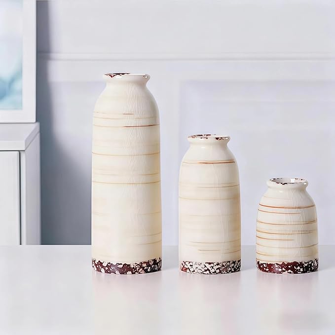 Ceramic Vase Set of 3 – Handcrafted Modern Farmhouse Decorative Vases for Boho Living Room Centerpieces, Entryway Decorations, Coffee Table, Bookshelf, Fireplace Mantel