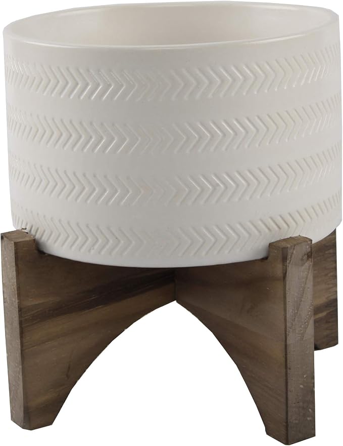 Flora Bunda 5 Inch Arrow Ceramic Planter on Wood Stand Mid Century,Matte White 5"