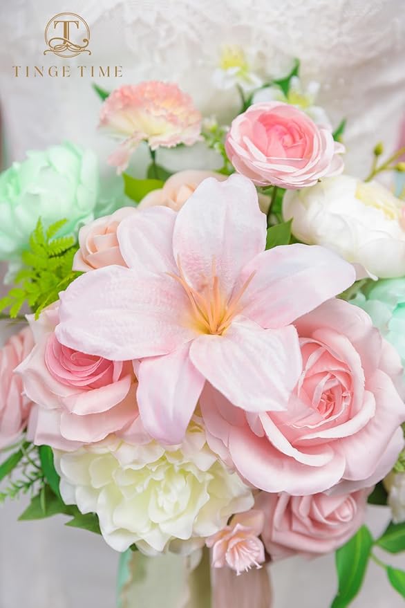 TINGE TIME Wedding Bouquets for Bride, 9 Inch Handcrafted Silk Bridal Flowers Bouquets for Wedding Ceremony, Gift for Bridesmaid, Bouquet for Party Church Decoration,and Romance Gifts (MintGreen&Pink)