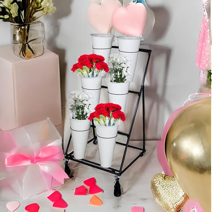 Decorative Flower Display Stand with Buckets for Cut Flowers, Heavy Duty Rolling Plant Stand on Wheels, Indoor Outdoor Flower Cart Ladder Shelf for Florist, Garden, Patio (3 Tier 6 White Bucket)
