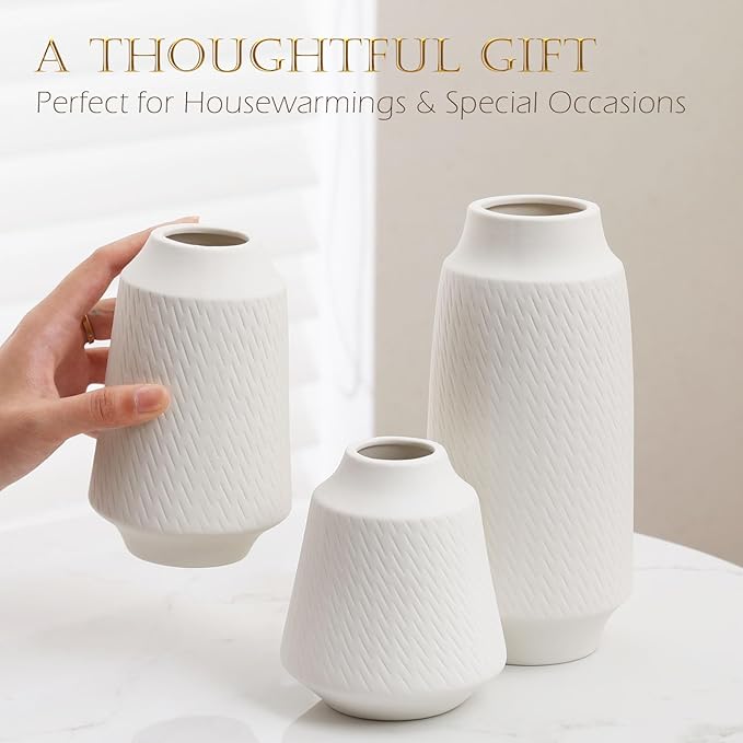 Ceramic Vase Set of 3 - Handcrafted Ceramic Vases for Home Decor & Shelf - Modern Farmhouse Decor for Kitchen, Office, Bedroom & Living Room Decorative Objects for Mantel, Table Centerpieces